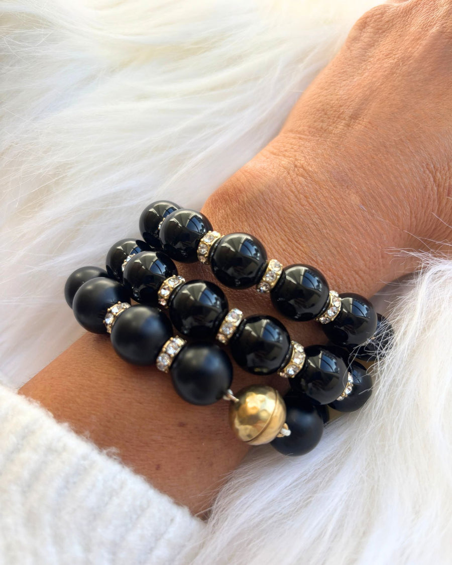 Black and Gold pave beaded Stretch Bracelet with Magnetic Clasp