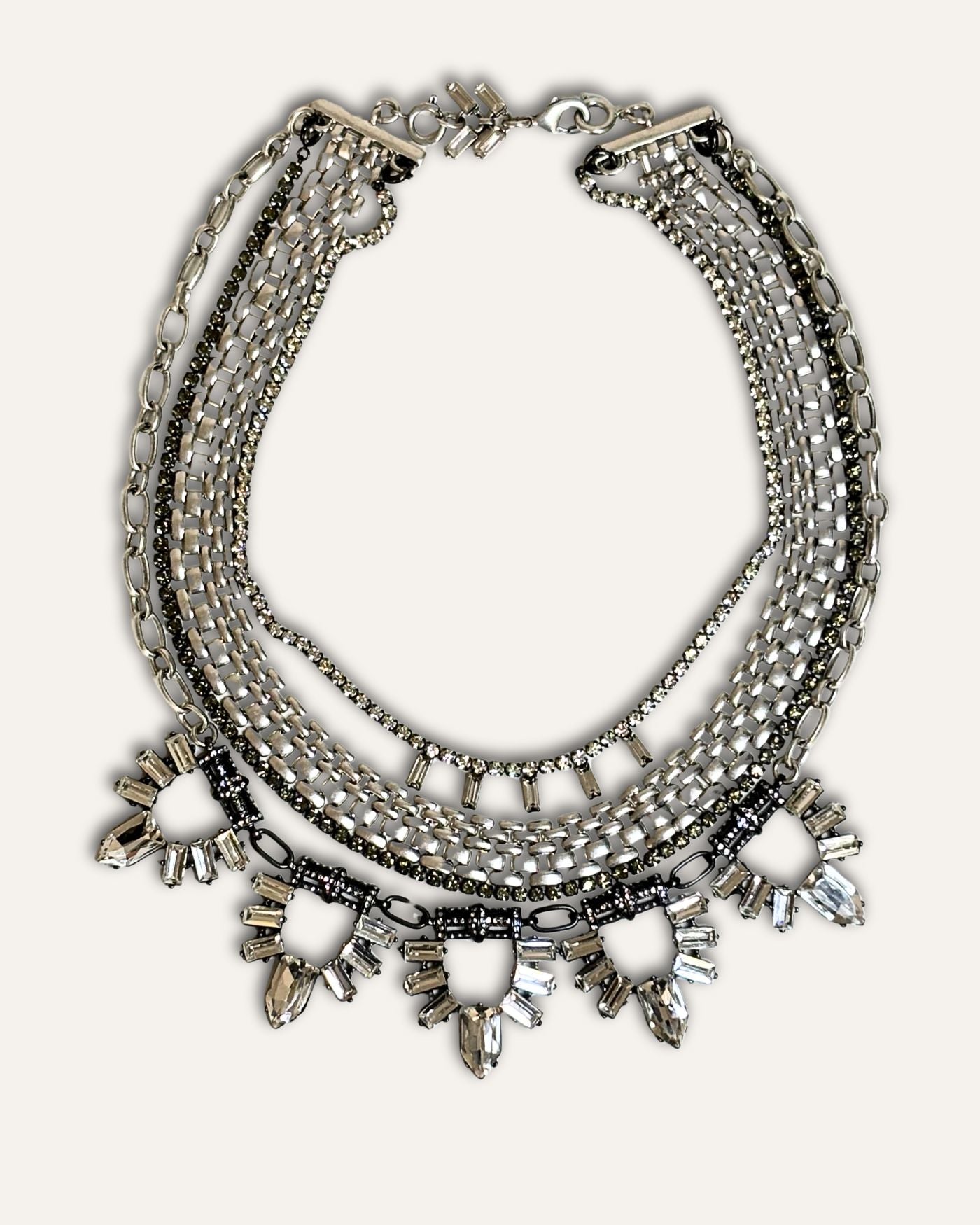 Silver Multi Strand Statement Necklace with Watch Chain and Crystal Detailing
