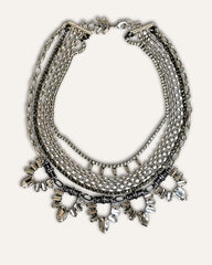 Silver Multi Strand Statement Necklace with Watch Chain and Crystal Detailing