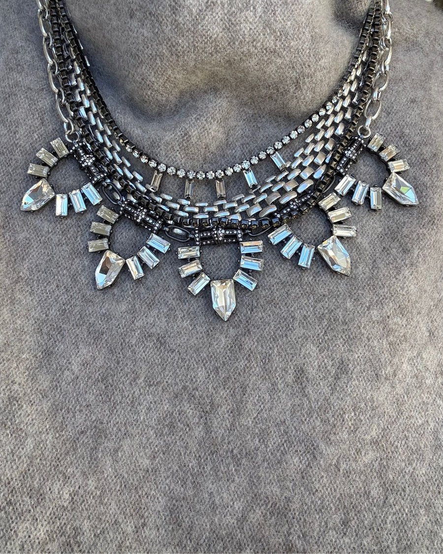 Silver Multi Strand Statement Necklace with Watch Chain and Crystal Detailing