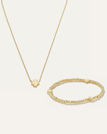 Cross Necklace and Cross Stretch Bracelet Bundle | Gold
