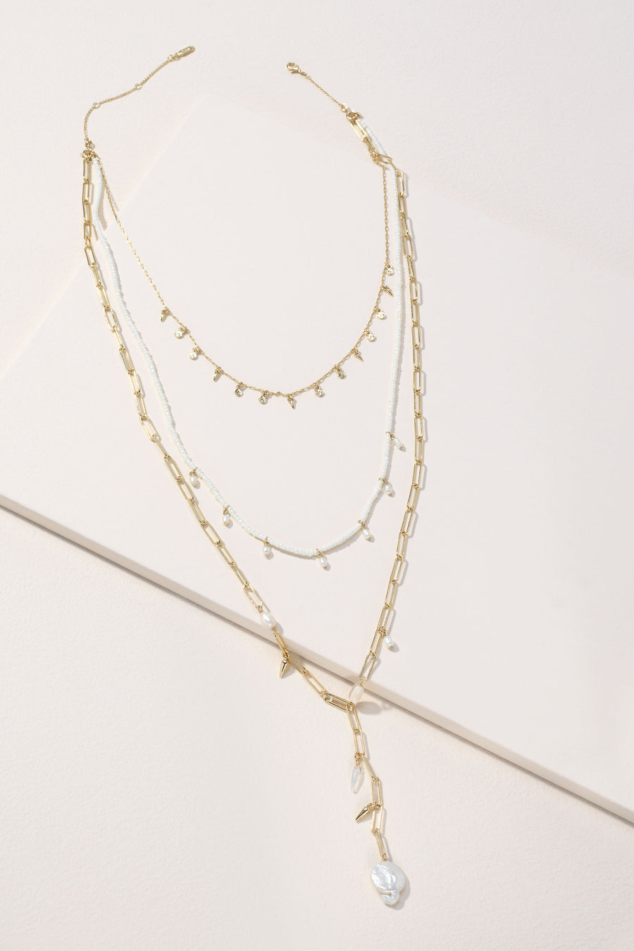 Modern Bohemian Pearl and Bead Triple Layered Necklace Gold/Cream