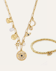 Evil Eye Charm Necklace & Beaded Stretch Bracelet Bundle